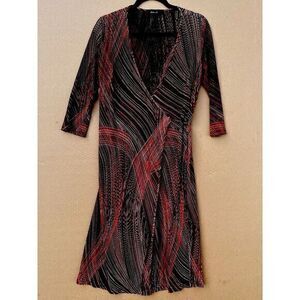 ARDEN B VTG Y2K 90s Wrap L dress red black abstract textured Midi 3/4 sleeve USA